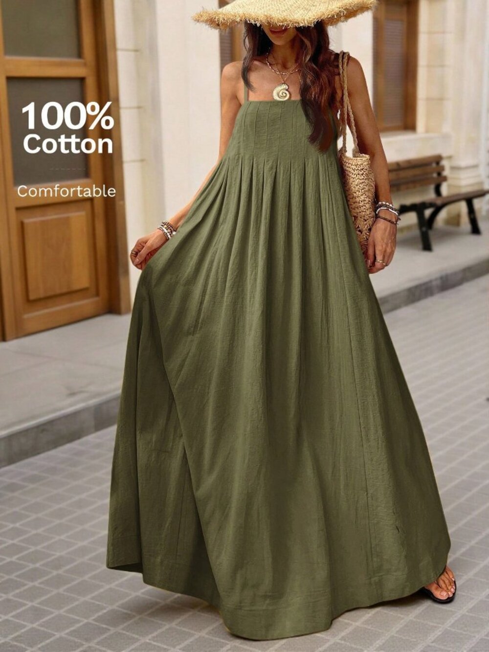 Green Casual Women's square neckline Loose maxi Dress - Picture 7 of 7